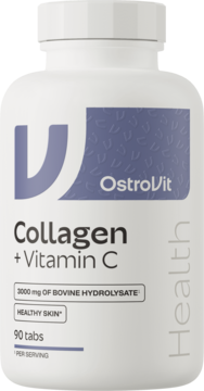 Biała butelka OstroVit Collagen + Vitamin C 90 tabs, 3000 mg kolagenu wołowego, dla zdrowej skóry, widok z przodu.
