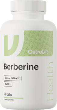 OstroVit Berberine VEGE 500 mg extract, 90 tabletek w białej butelce z zielonym napisem, widok z przodu.
