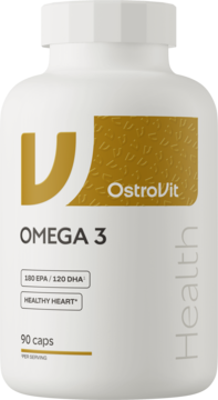 Biała butelka suplementu OstroVit Omega 3, 90 kaps, ze złotym logo, napisy 180 EPA/120 DHA, widok z przodu.