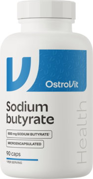 Biała butelka OstroVit Sodium butyrate 90 kapsułek mikroenkapsulowanych, widok z przodu, z niebieskim logo.