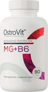 Biała butelka OstroVit MG+B6, 90 tabletek, suplement diety, widok z przodu z napisem 'professional vitamins line'.