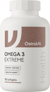OstroVit Omega 3 Extreme 90 kapsułek, biała butelka z brązową etykietą, widok frontalny, napis 500 EPA/250 DHA.