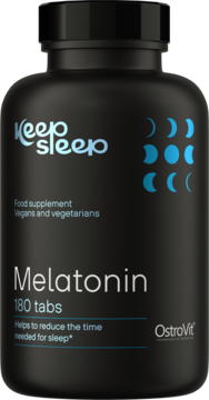OstroVit Keep Sleep Melatonin 180 tabs, czarna butelka suplementu na sen z niebieskimi ikonami księżyca.