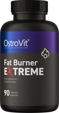 Czarna butelka OstroVit Fat Burner EXTREME, suplement diety 90 kapsułek, fioletowa etykieta, widok z przodu.