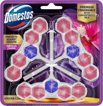 Domestos Aroma Lux Hibiscus Charm zawieszka WC, różowo-niebieskie bloki w kształcie kwiatu, w fioletowym opakowaniu.