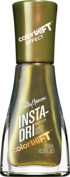 Sally Hansen Insta-Dri ColorShift lakier do paznokci. Złoto-zielona butelka z efektem zmiany koloru, widok z przodu.