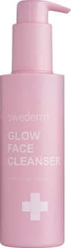 Różowa butelka żelu do twarzy Swederm Glow Face Cleanser z pompką, białym napisem i krzyżem, na czarnym tle.