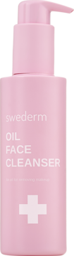 Różowy Swederm Oil Face Cleanser w butelce z pompką, białe napisy i krzyżyk, do demakijażu.