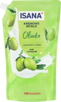 Isana Kremowe Mydło w płynie Oliwka, zielony woreczek refill z ilustracjami oliwek i białej emulsji.