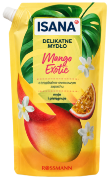 Isana Delikatne Mydło Mango Exotic w żółtej torebce, widok z przodu, z grafiką mango, passiflory i liści.