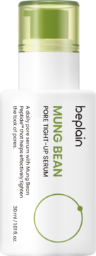 Beplain Mung Bean Pore Tight-Up Serum, biała butelka z zielonym dozownikiem, widok z przodu z zielonym napisem.
