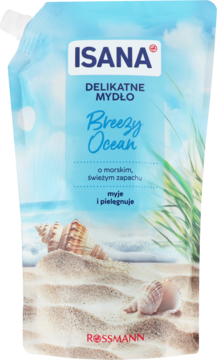 ISANA Breezy Ocean delikatne mydło w płynie, elastyczna saszetka z motywem plaży, muszelek i morskim zapachem.