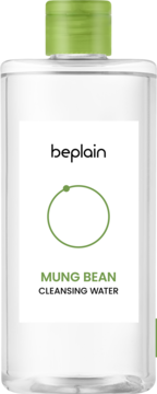 Beplain Mung Bean Cleansing Water w przezroczystej butelce z zieloną zakrętką, etykieta z zielonym logo.
