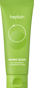 Beplain Mung Bean pH-Balanced Cleansing Foam, zielona tuba z białym logo i grafiką, widok z przodu.