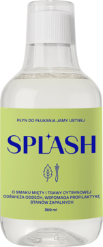 Płyn do płukania ust Splash 300ml w przezroczystej butelce z zieloną etykietą, smaki mięty i trawy cytrynowej, przód.