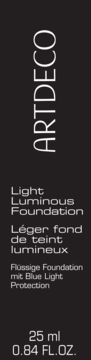 ARTDECO Light Luminous Foundation, czarna butelka z białym napisem, widok z przodu, ochrona przed światłem niebieskim.