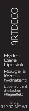 Etykieta pomadki nawilżającej Artdeco Hydra Care, czarne tło, srebrny tekst, widok z przodu, 3,5 g.