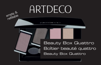 ARTDECO Beauty Box Quattro, otwarta, czarna, magnetyczna kasetka z trzema wkładami cieni (róż, beż, taupe) i aplikatorem.