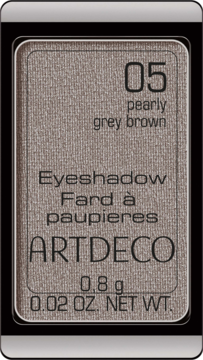 Artdeco Pearly Grey Brown Eyeshadow 05, perłowy cień w brązowo-szarym kolorze, w czarnej kasetce, widok z góry.