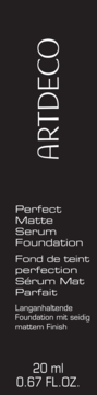 Etykieta ARTDECO Perfect Matte Serum Foundation, czarne tło, metaliczny napis, objętość 20 ml.