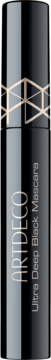 ARTDECO Ultra Deep Black Mascara w czarnej tubie z złotym wzorem geometrycznym, pionowy widok z przodu.