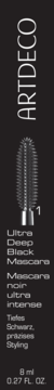 ARTDECO Ultra Deep Black Mascara w czarnym opakowaniu, widok z przodu z grafiką silikonowej szczoteczki.