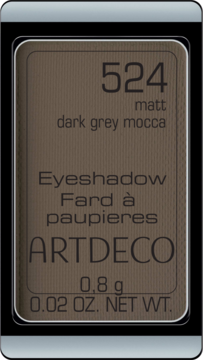 Matowy cień do powiek Artdeco 524 Dark Grey Mocca w brązowo-szarej kasetce, widok z góry.