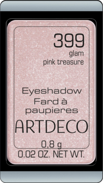Cień do powiek Artdeco Glam Pink Treasure 399, jasnoróżowy brokatowy, w czarnej prostokątnej kasetce, widok z góry.