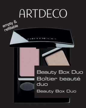 ARTDECO Beauty Box Duo: otwarta czarna kasetka magnetyczna z różowym i beżowym cieniem, napis 'empty & refillable'.