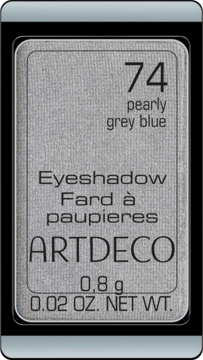 Srebrny, prostokątny wkład cienia Artdeco 74 Pearly Grey Blue, perłowo-satynowy, z numerem i nazwą.
