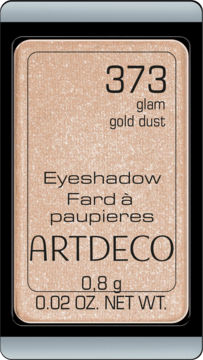Pojedynczy brokatowy cień do powiek Artdeco 373 Glam Gold Dust, widok z góry w czarnej kasetce.