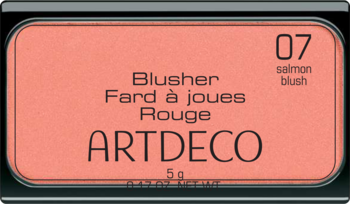 Blusher Artdeco 07 Salmon Blush, wymienny wkład, łososiowy róż do policzków w czarnej, prostokątnej ramce.