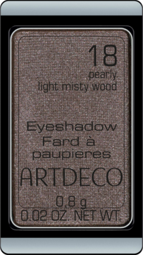 Artdeco perłowy cień do powiek Light Misty Wood 18, brązowo-taupe, w ciemnym opakowaniu, widok z góry.