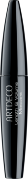 ARTDECO Length & Volume Mascara w czarnej, błyszczącej tubie, widok z przodu, pionowo ułożona.