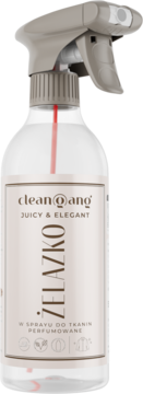 Przezroczysta butelka "żelazka w sprayu" clean@ang Juicy & Elegant 500 ml, z szarą pompką, widok z przodu.