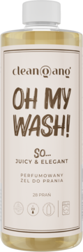 Clean@ang OH MY WASH! płyn do prania Juicy & Elegant, 28 prań. Przezroczysta butelka z beżową etykietą.