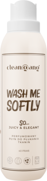 Jasnokremowa butelka Clean@ang WASH ME SOFTLY Juicy & Elegant płynu do płukania tkanin, widok z przodu.