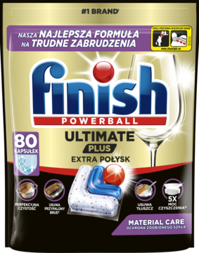 Finish Powerball Ultimate Plus 80 kapsułek do zmywarki, czarne opakowanie z połyskiem, dla doskonałego blasku.