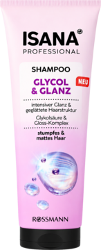 Isana Professional Glycol & Glanz Szampon w różowej tubce z kroplami wody, dla włosów matowych, widok z przodu.