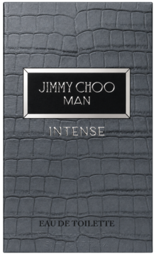 Ciemnoszare pudełko Jimmy Choo Man Intense woda toaletowa, z fakturą skóry krokodyla i srebrnym napisem.