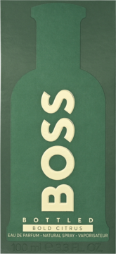 Zielone opakowanie męskiej wody perfumowanej BOSS BOTTLED BOLD CITRUS 100ml, z beżowym logo BOSS w formie butelki.