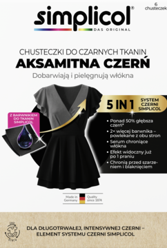 Białe opakowanie Simplicol Chusteczki Aksamitna Czerń do czarnych tkanin, z grafiką sukienki i 5 IN 1 system.