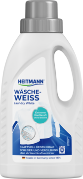 HEITMANN Wäsche-Weiss, płynny wybielacz do tkanin, biała butelka z uchwytem i niebieską etykietą, widok z przodu.