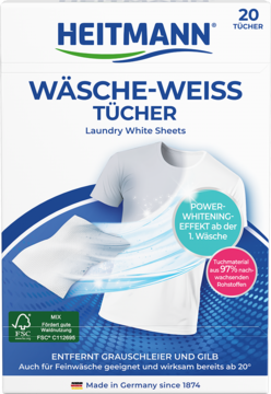 HEITMANN Wäsche-Weiss Tücher (20 szt.) opakowanie, usuwa szarość/żółć, 97% włókien naturalnych, widok z przodu.