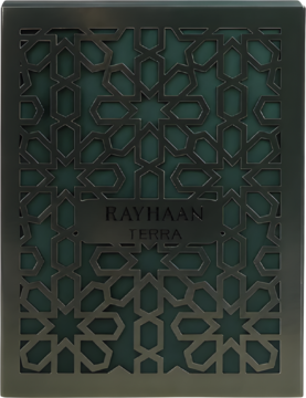 Front męskiej wody perfumowanej Rayhaan Terra. Metalowa ramka z geometrycznym wzorem na turkusowym tle.
