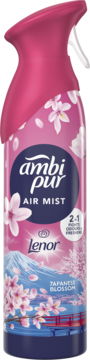 Ambi Pur Air Mist Lenor Japanese Blossom, różowy spray z kwiatami wiśni i Mt Fuji, widok przód pod kątem.