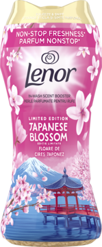 Lenor Japanese Blossom scent booster. Pink curved bottle with cherry blossoms, Mount Fuji, and a red pagoda.