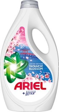 Ariel + Lenor płyn Japanese Blossom, biała butelka, widok z przodu z motywem kwiatów wiśni i góry Fuji.