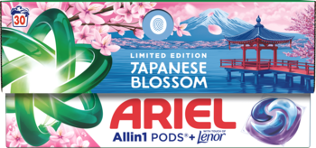 Ariel Allin1 PODS Limited Edition Japanese Blossom z Lenor detergent, opakowanie z widokiem na góry i kwitnące wiśnie.
