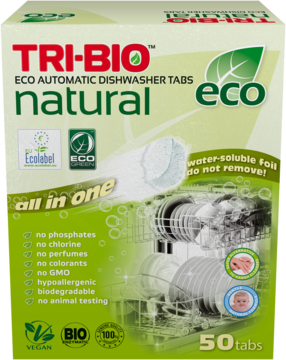 TRI-BIO ECO naturalne tabletki do zmywarki. Zielono-białe pudełko, 50 biodegradowalnych tabletek dla alergików.